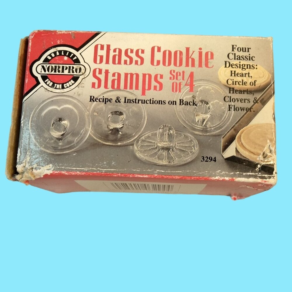 Norpro Glass Cookie Stamps 4 Classic Designs Heart Circle Daisy Flower